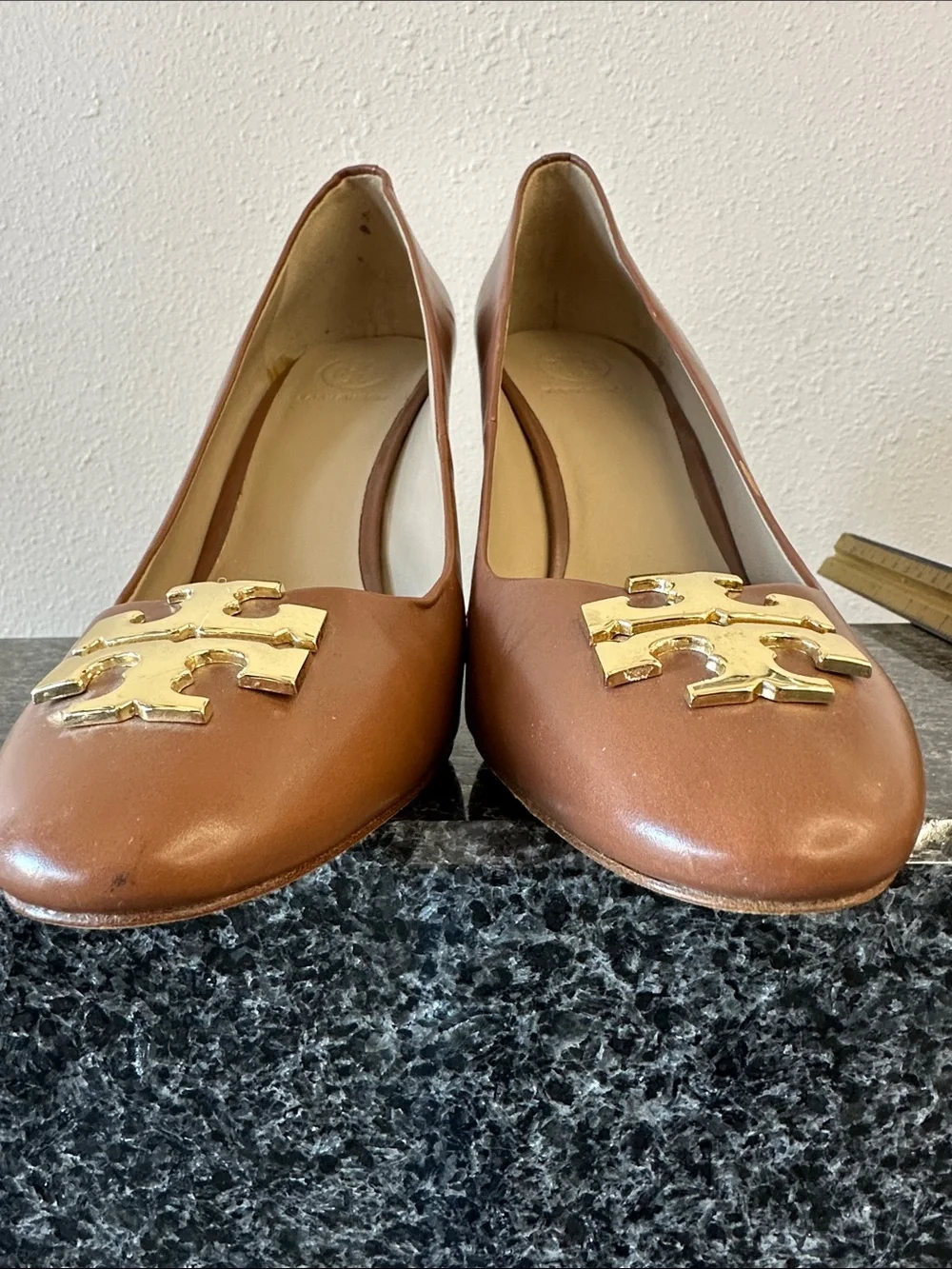 Tory Burch Brown Leather Wedges with Gold Logo